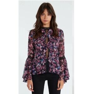 Misa Los Angeles Divya Top Purple Floral Blouse Long Bell Sleeve Chiffon Sz XS